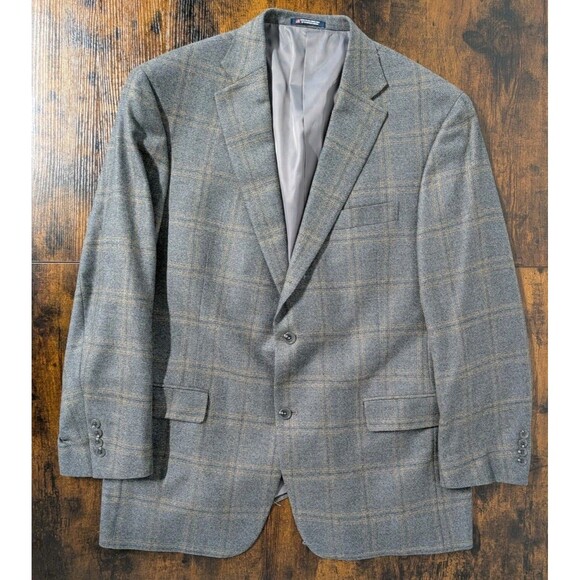 Hart Schaffner Marx Blazer 44R Gray Windowpane Cashmere Wool USA Made